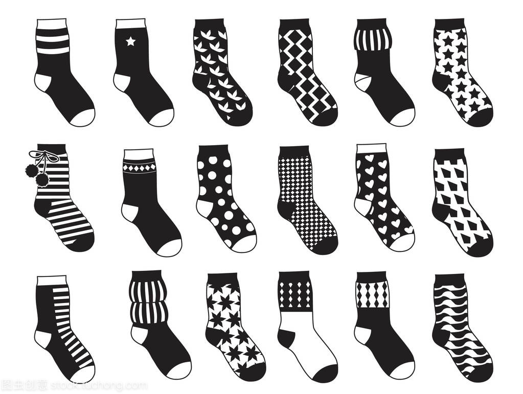 孩子的剪影襪子與不同模式。矢量單色插圖隔離